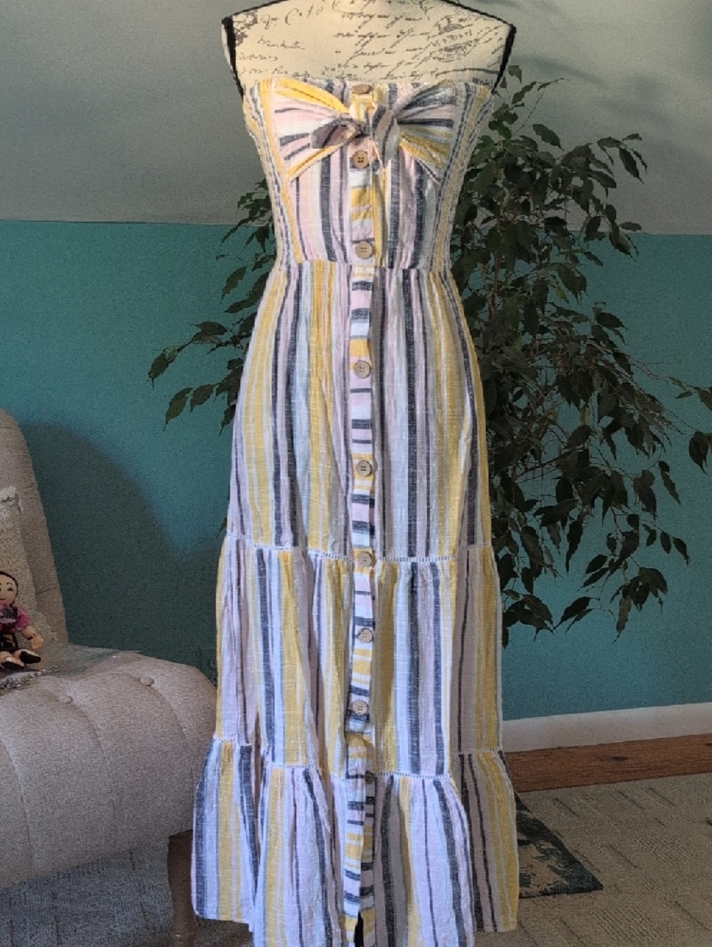 blue island Striped Yellow, Cream & Blue Button-Front Maxi Dress🧚 - Picture 12 of 15